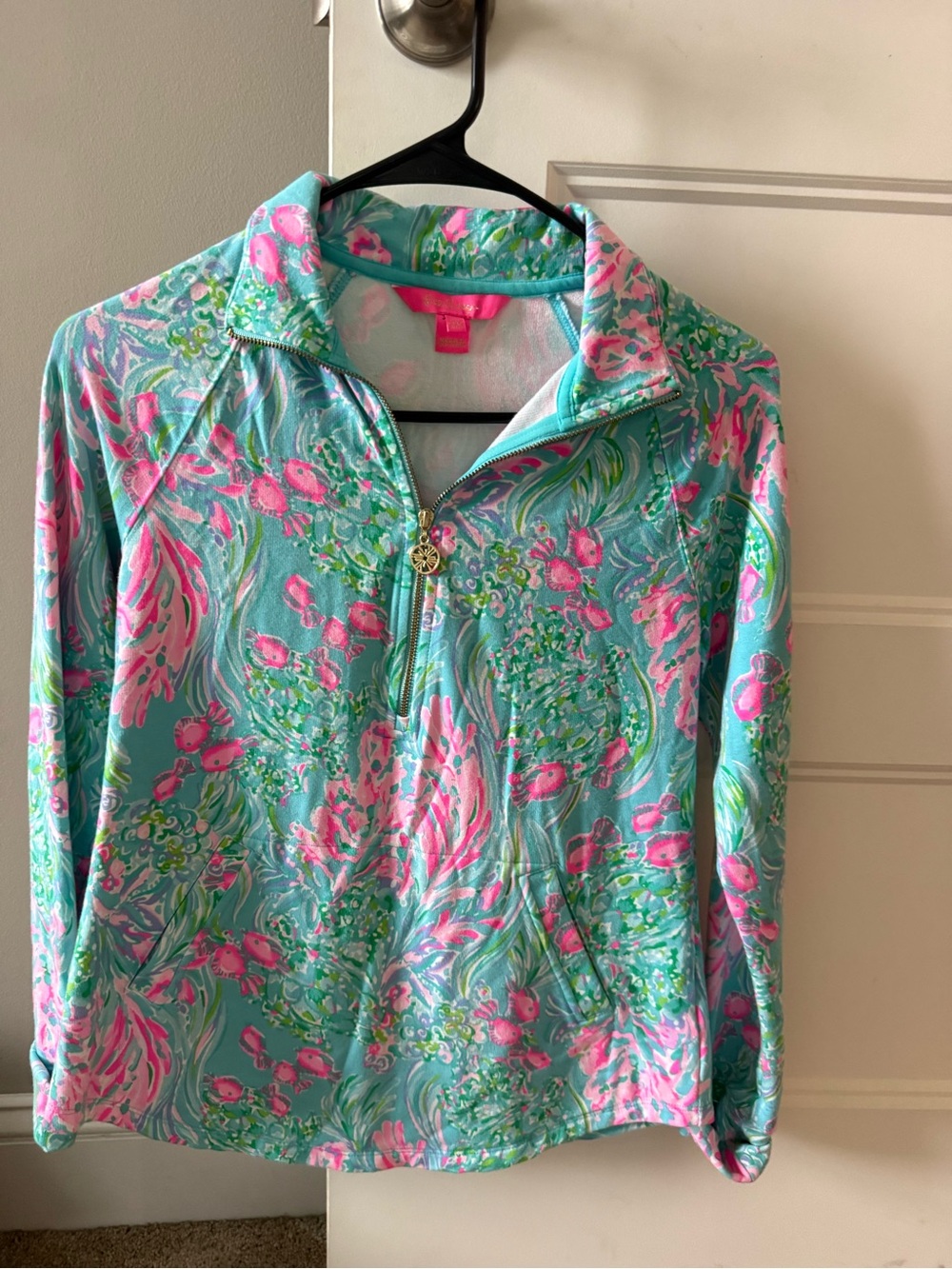 Lilly Pulitzer Aqua & Pink Floral Half-Zip Swim Coverup Pullover